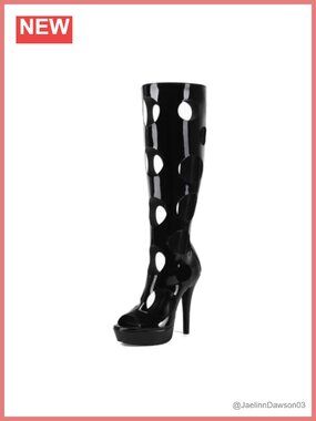 Patent Cutout Knee High Platform Stiletto Heel Boots Open Toe Back Zip